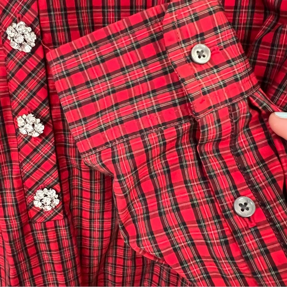 J. Crew Red Plaid Tunic Shirt with rhinestone buttons. Size 4 - Picture 7 of 8